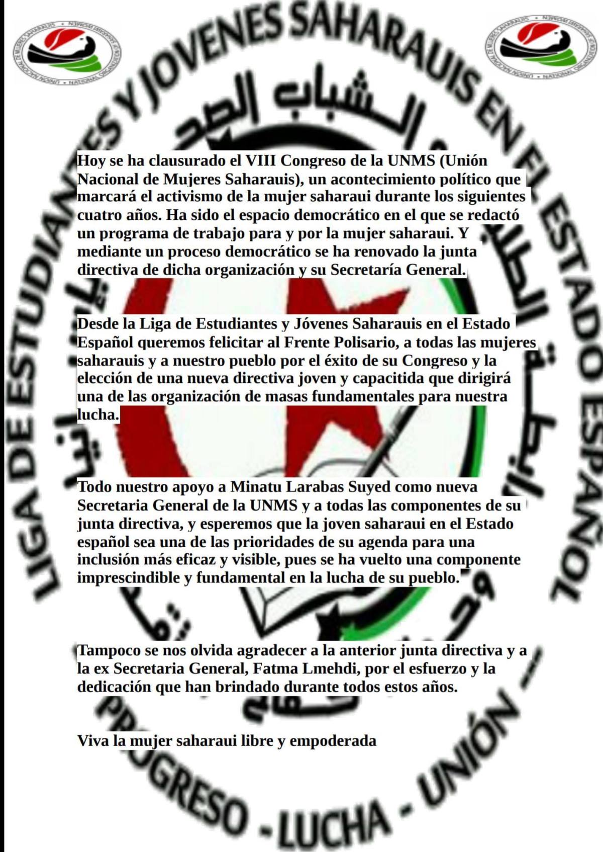 Comunicado VIII Congreso de la UNMS — Liga de Estudiantes y Jóvenes Saharauis en el Estado&nbsp;Español